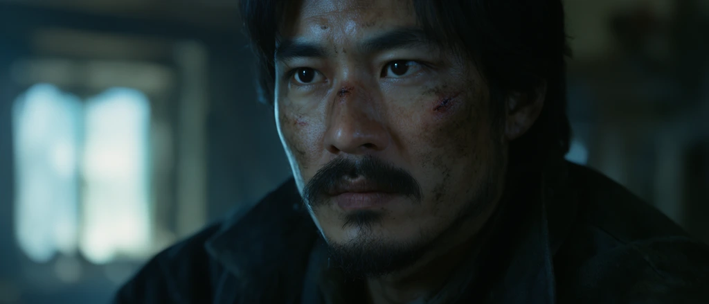 Cinematic close-up of a rugged man with dark hair, mustache, and goatee, his dirt-smudged face bearing minor abrasions. Wearing a heavy dark jacket, he gazes intensely off-camera. Cool cyan lighting accents his textured skin against a deeply blurred, dimly lit interior with a soft glowing window, captured with shallow depth of field.
