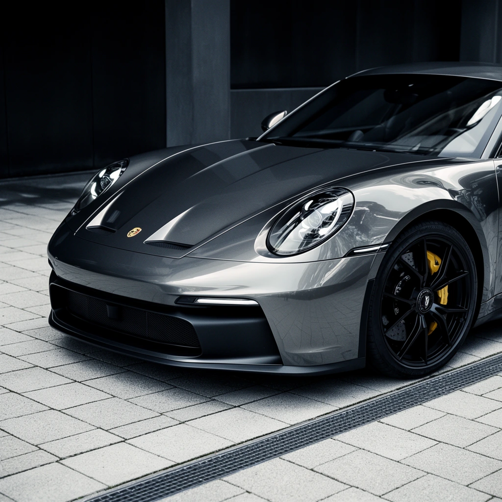 glossy gunmetal grey sports car, prominent curved front fenders, large oval headlights with intricate internal LED projectors, aggressive front bumper with deep black air intake grilles, black multi-spoke alloy wheels, bright yellow brake calipers, low aerodynamic profile, parked on light grey square paving stones, linear metal drainage grate running parallel to the vehicle, dark minimalist architectural background, high-end commercial automotive photography, cool desaturated color palette, dramatic light reflections on the curved hood, high contrast