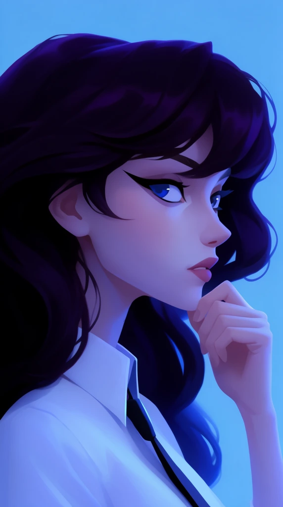 stylized 2D digital portrait of a young woman in three-quarter profile, voluminous deep purple-black wavy hair, pale face, large blue eyes with sharp winged eyeliner, hand raised thoughtfully near her chin, crisp white collared shirt, thin black tie, solid vibrant light blue background, smooth rendering, cool blue ambient lighting illuminating the shadowed side, high contrast between dark hair and bright skin