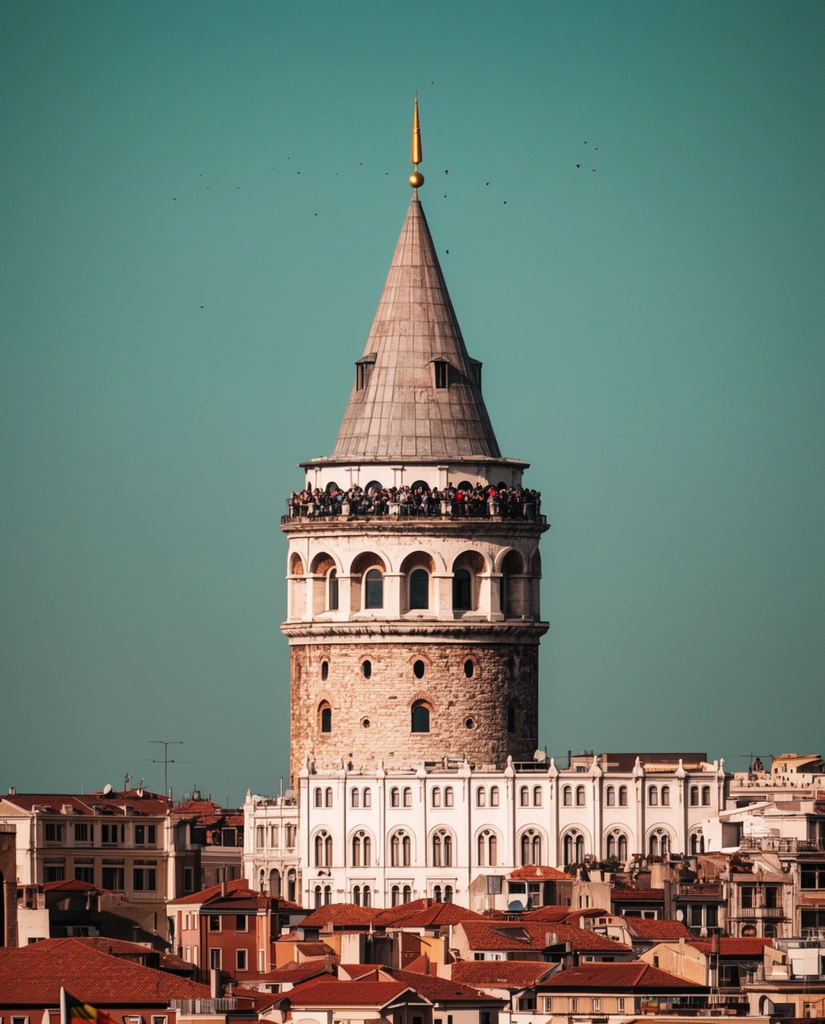 A prominent cylindrical stone tower with a conical roof and a crowded viewing gallery dominates a layered cityscape. Beneath it, an ornate white building with arched windows stands among tightly packed terracotta rooftops. Photographed with a telephoto lens, the composition compresses warm architectural textures against a vast, clear teal sky where tiny birds fly near the spire.