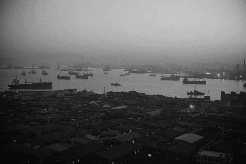 A cinematic, black-and-white elevated view of an industrial harbor city under a hazy sky. Tightly packed low-rise buildings with dark rooftops and scattered illuminated windows fill the foreground. Beyond the urban expanse, a wide bay is populated with anchored cargo ships and smaller marine vessels. The distant shoreline fades into atmospheric mist. Captured with a vintage photographic style, the scene features heavy film grain, a wide-angle perspective, and a low-contrast monochromatic palette.