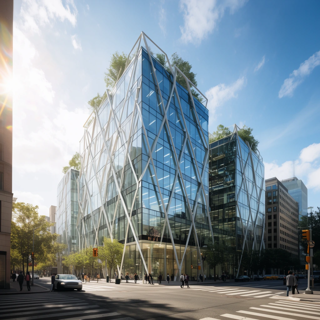 modern glass office building with white diagonal exoskeleton, multi-tiered architecture, rooftop greenery, urban street corner, pedestrians, bright daylight, lens flares