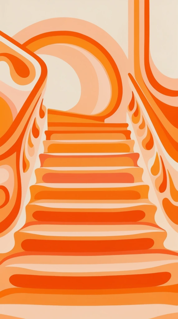 A stylized staircase inside a building rendered as a 1970s retro graphic illustration composed entirely of flowing, flat color blocks. The architectural interior features a monochromatic warm palette consisting of solid cream, pale peach, vibrant tangerine, and deep cadmium orange. The cascading steps are depicted as smooth, undulating horizontal bands with flowing, scalloped edges that overlap to create structural depth. Sweeping, symmetrical organic curves form the banisters and decorative interior flourishes, rising fluidly alongside the steps. Concentric semicircular arches frame the upper landing against an off-white background, echoing the bold, curving geometry of the lower elements. Crisp vector-style edges and uniform color fills define every element in the scene, resulting in a striking, two-dimensional pop-art aesthetic driven by rhythmic, overlapping fluid shapes.