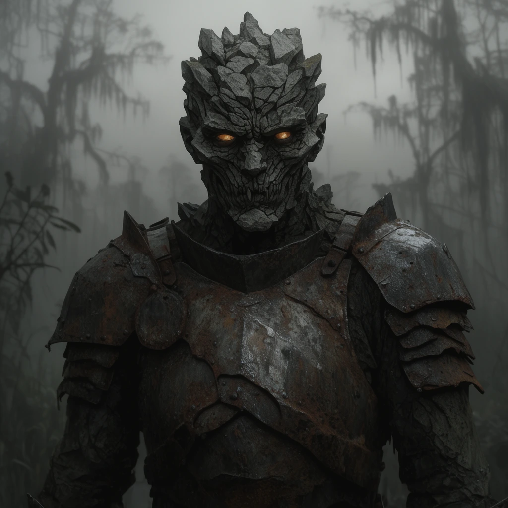 menacing humanoid figure with jagged stone-like skin and glowing amber eyes, wearing heavy rusted plate armor, standing in a decaying foggy swamp, cinematic dark fantasy, muted desaturated palette, bleak lighting, medium shot