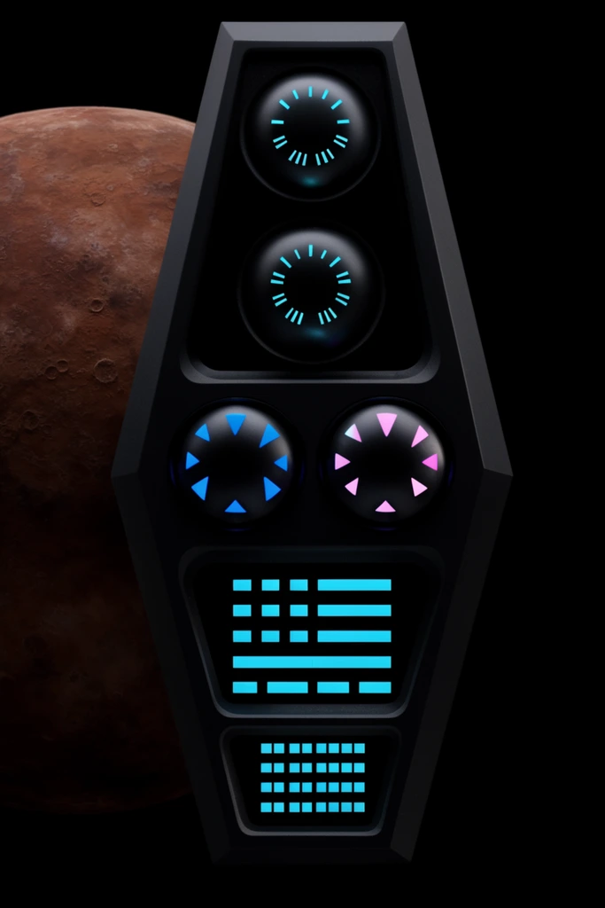A futuristic, angular timepiece floats in pitch-black space alongside a rust-colored, cratered planet. The matte black, elongated geometric casing features multiple recessed levels. Its upper section houses two deeply set spherical dials containing glowing cyan arcs and hash marks. Below, twin smaller circular dials feature luminous blue and pink angular markers. The lower third displays rectangular panels illuminating stark, glowing cyan segmented bars and grid configurations. Low-key lighting emphasizes the radiant internal elements against the surrounding void. A head-on macro perspective captures the sharp contrast between the cold, industrial surfaces of the device and its vibrant neon-toned illumination.