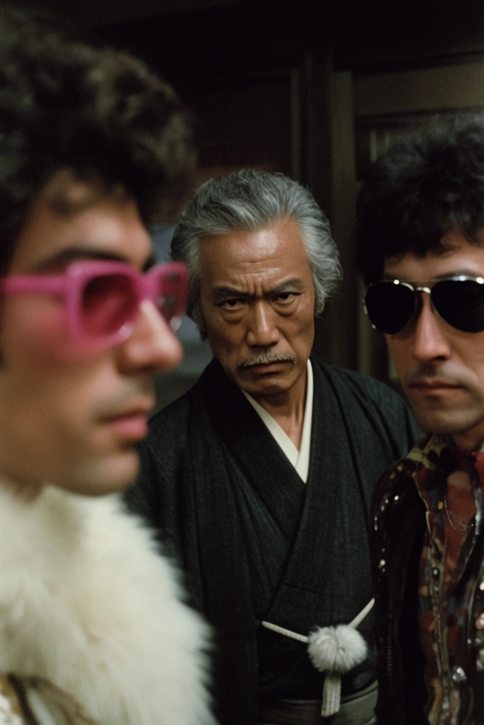 older Asian man in dark kimono glaring, blurred foreground profile of man in pink sunglasses and white fur collar, man in aviators on right, 1970s cinematic film still, shallow depth of field, 35mm grain, moody dark interior
