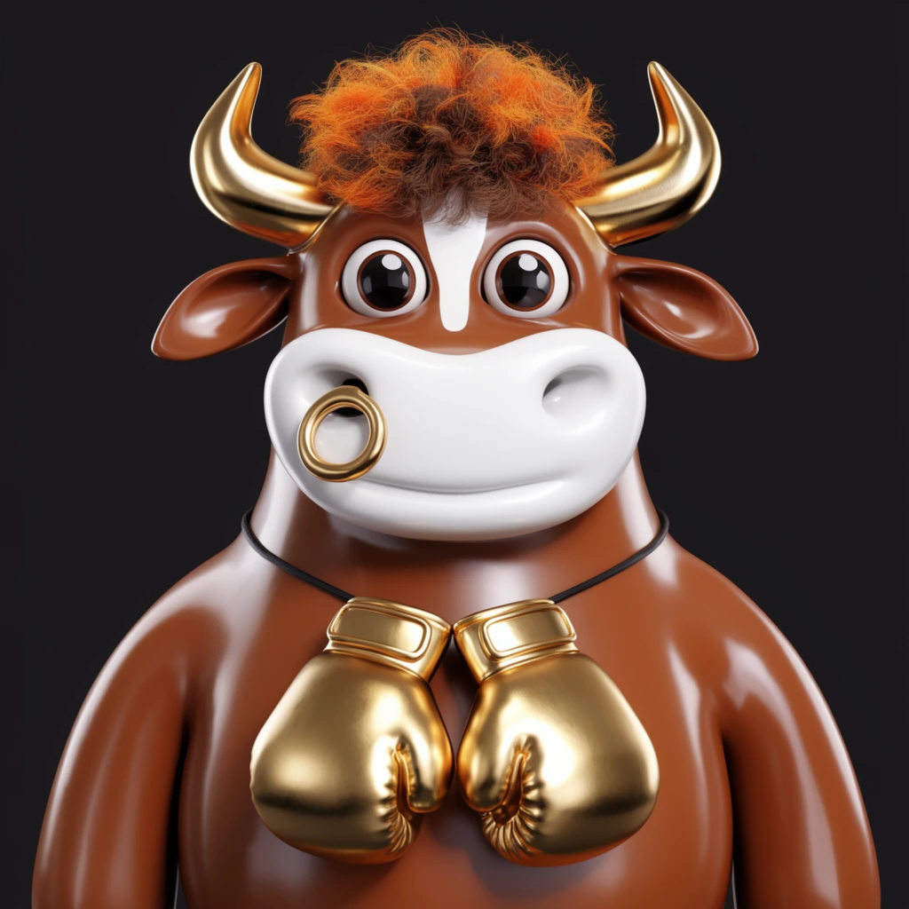 A 3D-rendered anthropomorphic brown bull with a highly glossy texture stands against a solid dark background. The stylized character features a wide white muzzle, a white forehead blaze, and large round eyes with bright specular reflections. Polished gold horns flank a tuft of frizzy, vibrant orange and brown hair. A shiny gold ring pierces its right nostril. A pair of oversized metallic gold boxing gloves hangs from a thin black cord draped around the bull's neck. Crisp studio lighting casts sharp, gleaming highlights across the figure's smooth, plastic-like skin and the reflective golden accessories.