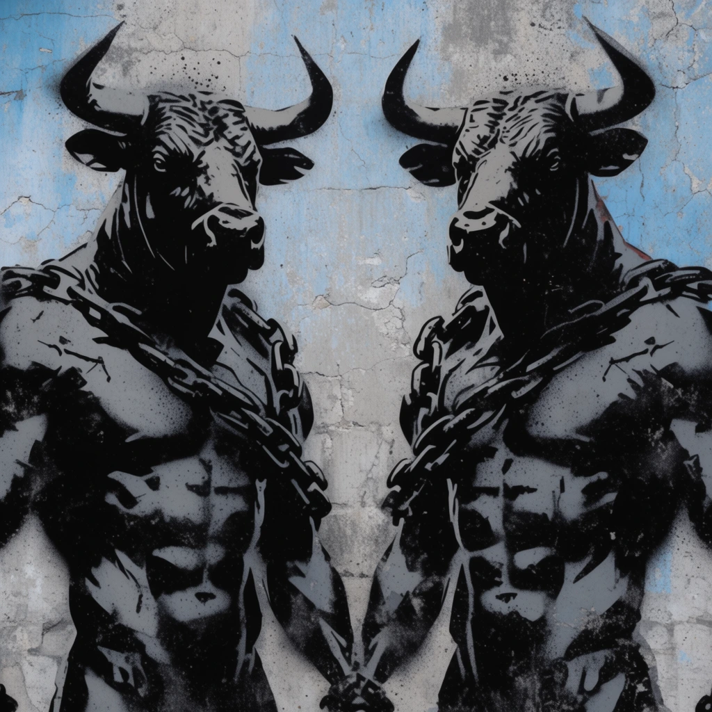 symmetrical mirror-imaged humanoid figures with massive bull heads and heavily muscled torsos, thick iron chains draped across broad shoulders, high-contrast black and dark grey stencil art, rough spray-painted graphic texture, distressed light blue and grey concrete wall background, raw urban street art aesthetic, gritty weathered surface, prominent cracks and fissures in the masonry, intense aggressive atmosphere, dramatic shadowed silhouettes