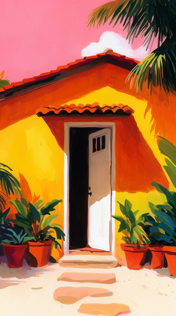 bright yellow house with terracotta roof, open white door revealing a dark interior, dramatic sunlight casting deep orange shadows, terracotta potted tropical plants along the base, palm frond in upper right, pink sky with a single white cloud, light ground with stepping stones, vibrant painterly illustration, gouache texture, visible brushstrokes, highly saturated warm colors