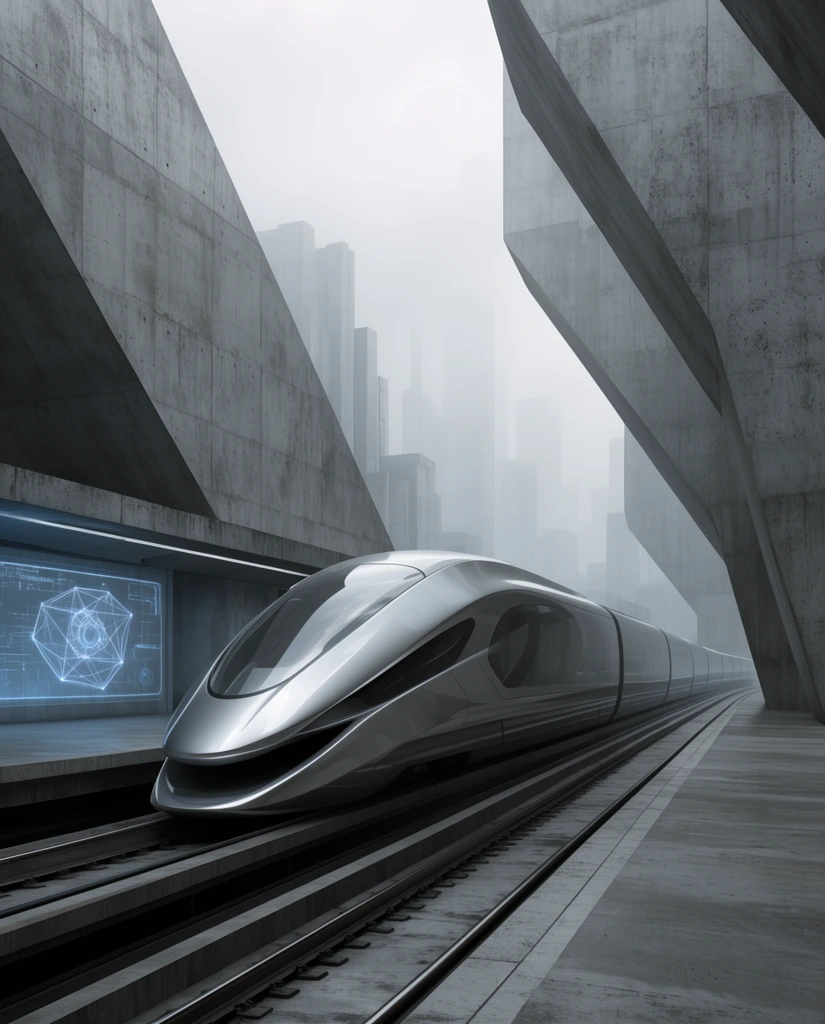 A sleek futuristic silver train travels through a brutalist concrete city. The aerodynamic vehicle passes a platform displaying a glowing blue geometric schematic. Massive angular gray concrete structures form a dramatic architectural canyon around the tracks. A distant skyline fades into thick atmospheric fog. The scene features a photorealistic sci-fi aesthetic, muted grayscale palette, and soft diffused lighting.