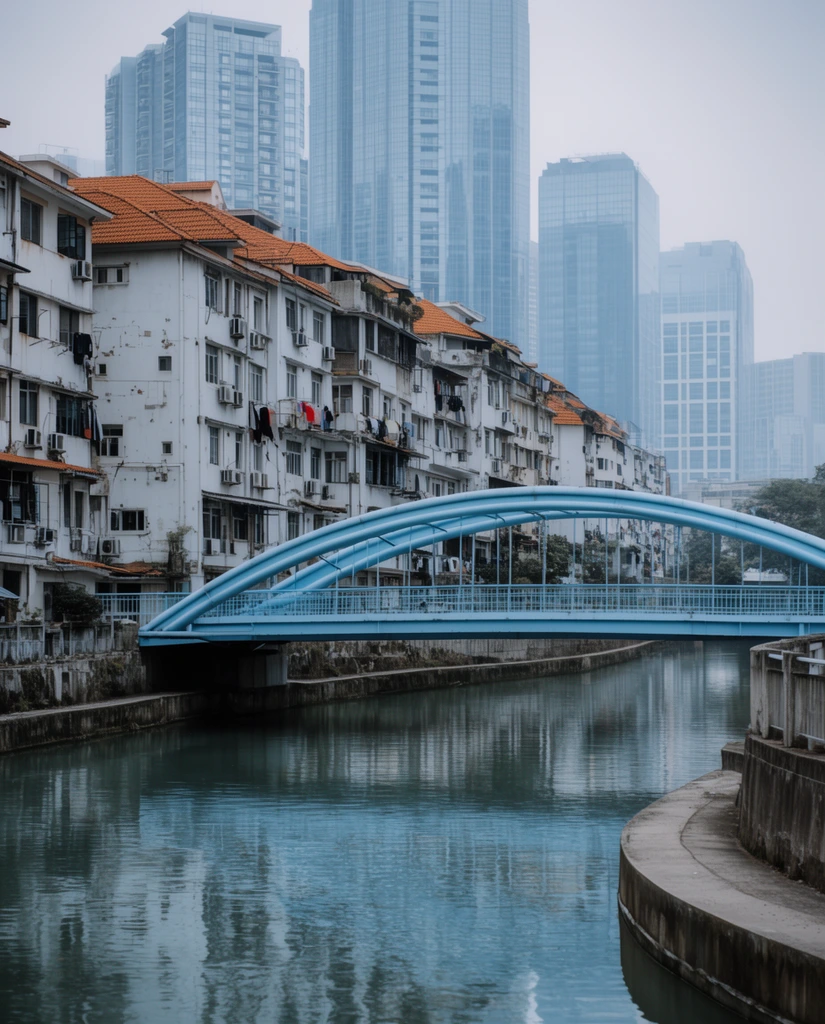 A light blue arched pedestrian bridge spans a tranquil urban river. The left bank holds dense, weathered residential buildings featuring white facades, exterior AC units, drying laundry, and orange tiled roofs. Behind them, towering modern glass skyscrapers rise into a hazy, overcast sky, creating stark architectural contrast. A curved concrete embankment anchors the right foreground. The realistic urban photography employs a cool, muted palette and deep depth of field.
