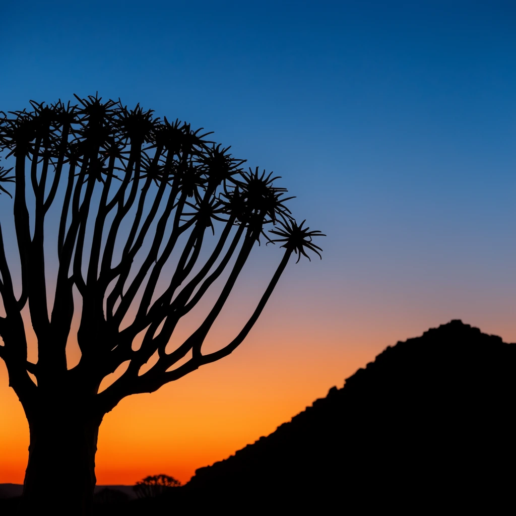 A stark black silhouette of a branching quiver tree stands on the left beside the dark sloping profile of a rocky mountain. A smooth twilight sky creates a striking background gradient transitioning seamlessly from deep azure blue at the top to vibrant glowing orange along the horizon.