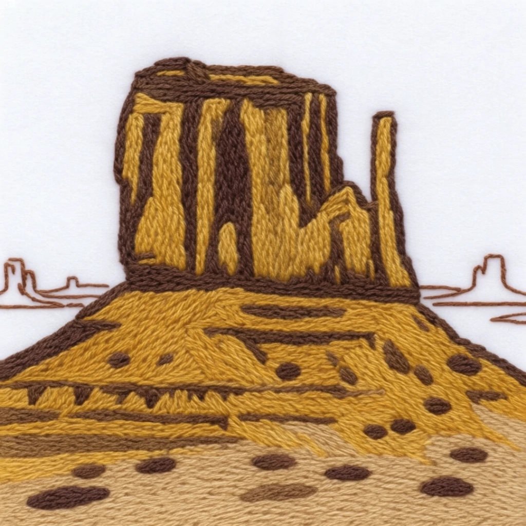 A towering desert butte rendered in a tactile, embroidered textile style against a stark white background. The massive central rock formation features steep vertical cliffs and a flat top constructed from tightly packed raised stitches in rich mustard yellow and dark chocolate brown. The sloped base transitions into a sandy foreground dotted with small dark brown oval shadows. In the distant background, thin brown outlines form the silhouettes of smaller buttes resting on a low horizon line. The entire composition mimics thick threadwork, creating a highly textured three-dimensional relief effect with a limited earthy color palette and flat two-dimensional perspective.