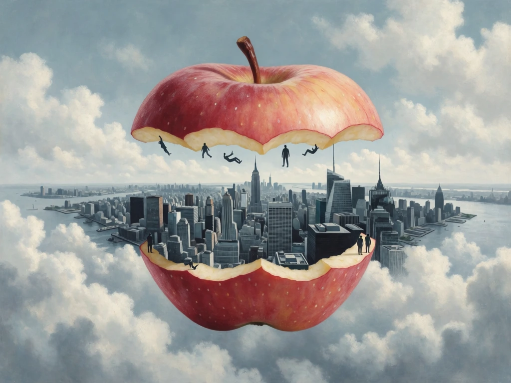 A large, realistic apple with reddish-pink skin and a short, dark brown stem floats centrally in a vast sky filled with dense, fluffy white and grey clouds. The middle section of the apple is hollowed out to reveal a detailed, monochromatic grey-blue cityscape that resembles the Manhattan skyline, featuring identifiable skyscrapers like the Empire State Building, surrounding waterways, and several piers along the coast. Tiny, dark silhouette figures are scattered within the hollowed cavity, some appearing to float or hang from thin, nearly invisible lines above the miniature city. Wisps of soft white clouds drift through the interior of the apple, blending with the urban structures. The surrounding environment is a vast expanse of cumulus clouds, with a thick layer forming a base below the floating fruit and more scattered clouds against a pale blue-grey sky above. Bright, diffused light from the right side of the frame creates a soft glow on the apple's skin and the tops of the clouds while casting subtle shadows on the left side. This surrealist digital artwork features a centralized composition with a high level of detail in both the organic textures of the apple and the complex architecture of the city within it.