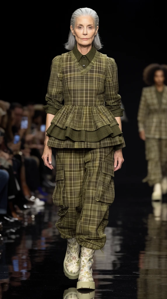Older female fashion model walking a glossy black runway, slicked-back silver hair, angular features, architectural olive green and brown plaid ensemble, structured bodice with a layered peplum hem over a collared shirt, baggy matching plaid cargo pants, chunky pale floral platform boots, mid-stride, dark background, blurred audience on the left, bright runway spotlighting, editorial fashion photography, glossy floor reflection