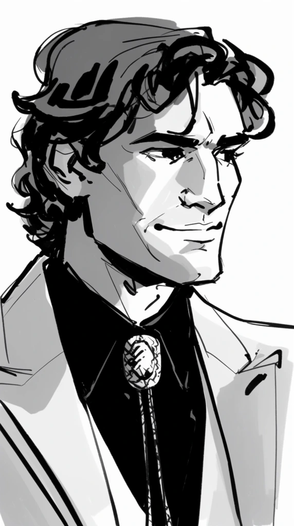 A monochromatic digital sketch portrays a man with sharp facial features and wavy dark hair looking to the right with a subtle smirk. The figure has a strong jawline, prominent cheekbones, deep-set eyes, and messy hair falling over his forehead and ears. He wears a light-colored suit jacket over a solid black collared shirt, accessorized with a string bolo tie featuring a distinctive textured clasp. The artwork is rendered on a stark white background utilizing a loose, expressive comic-book illustration style. Thick, dynamic black ink lines define the varied contours, while flat gray washes provide midtone shading. Large areas of solid black fill the inner shirt and deep hair shadows, creating high contrast and a raw, energetic storyboard aesthetic.
