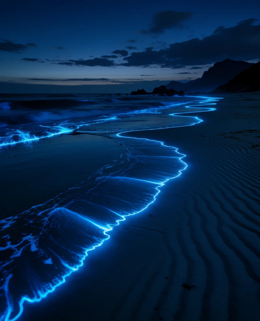 A high-angle view captures vibrant neon blue bioluminescence outlining the edges of waves as they wash onto a dark, rippled sandy beach under a deep twilight sky. The electric-blue glow forms thin, jagged, luminous ribbons that trace the retreating tide, creating a series of glowing lines that lead the eye from the foreground into the distant background. The wet sand is a dark, desaturated blue, textured with fine, wavy parallel ridges. To the left, a shallow pool of water reflects the dark tones of the sky. The ocean itself appears as a dark, churning mass with white sea foam scattered near the glowing edges. In the distance on the right, the dark silhouettes of rugged mountains and coastal rock formations rise against the horizon. The sky is a deep indigo, filled with scattered dark clouds and a thin, lighter horizontal band of grey-blue light at the far horizon. The composition uses the glowing shorelines as leading lines, receding towards the right side of the frame. The lighting is low and atmospheric, dominated by the internal glow of the bioluminescent water which contrasts sharply against the monochromatic palette of dark blues and blacks.