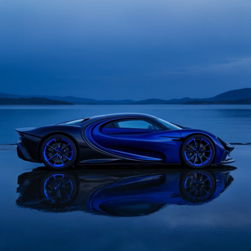 sleek aerodynamic hypercar in partial side profile facing right, glossy deep blue and dark exterior finish, sweeping curved side pillar, multi-spoke wheels with contrasting bright blue and dark alloy rims, parked on a highly reflective wet surface, sharp reflection of the vehicle on flooded ground, calm expansive water body in the background, distant silhouettes of low rolling mountains, moody monochromatic blue hour lighting, rich indigo and azure tones, soft atmospheric haze, minimalist serene environment, premium low-angle automotive photography