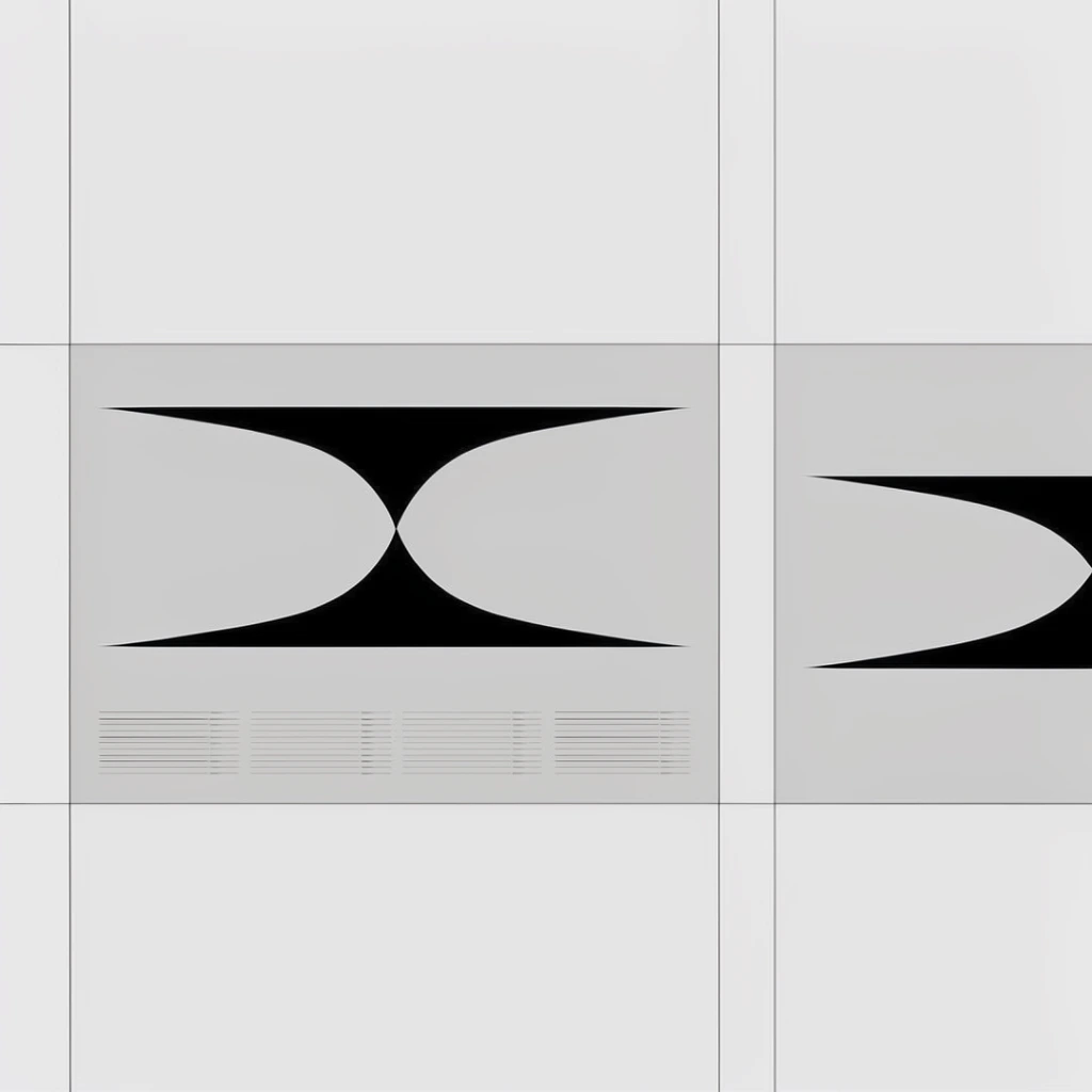 A minimalist graphic design layout utilizing a precise wireframe grid on a pale gray background to display an abstract geometric shape across two rectangular panels. Ultra-thin black vertical and horizontal lines divide the canvas into distinct quadrants. In the lower-left section, a light gray rectangular card features a solid black graphic characterized by smooth, sweeping concave curves forming a pinched waist that flares outward into sharp, elongated horizontal points. Below this central shape sit neatly aligned rows of very fine, precise linear details arranged in columns. On the right side, a second light gray rectangular card contains a smaller version of the same sweeping black geometric shape. The composition highlights stark positive-negative space contrast, strict structural alignment, and a flat vector aesthetic, emphasizing extreme visual precision and a highly structured modern style.