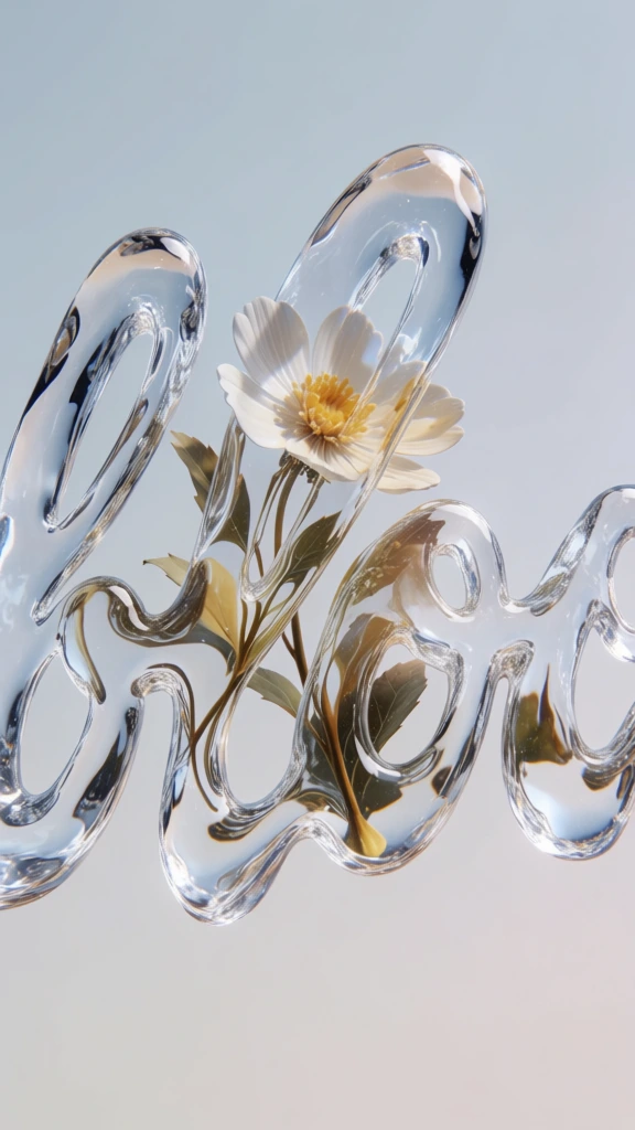 3d render of flowers inside a transparent liquid vase sculpted into the word bloom, hyper-realistic pure water material, delicate translucent petals and stems visible through the fluid, high-refractive index with complex internal caustics, organic surface ripples, minimalist high-key studio lighting, seamless white cyclorama background, centered eye-level composition, soft diffuse contact shadows, macro-level clarity, pristine and ethereal atmosphere