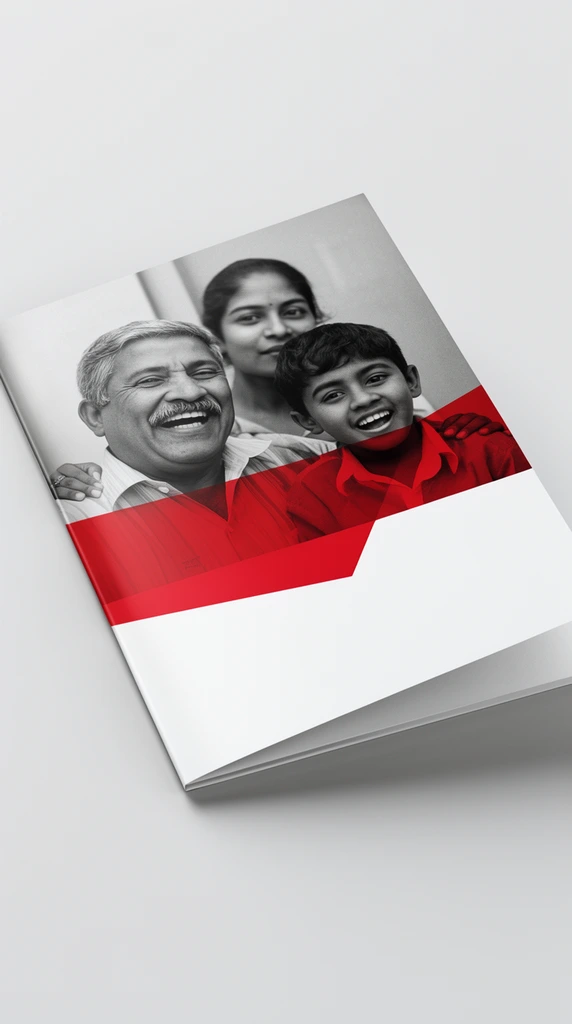A closed booklet rests on a seamless, light gray studio backdrop, casting a soft, diffused drop shadow to its lower right. The front cover features a striking split-composition design. The upper section displays a black-and-white portrait of a joyful group: an older man with a mustache laughing heartily, a young boy with an open-mouthed smile, and a young woman standing slightly behind them. A bold, translucent crimson geometric shape overlays the lower edge of the photograph, cutting a sharp diagonal line across the figures' chests. Below this vibrant red graphic intervention, the lower half of the cover transitions into stark, minimalist white space. The slightly angled perspective, crisp focus, and smooth matte finish of the paper give the composition a clean, modern, and highly polished aesthetic under even, diffused studio lighting.