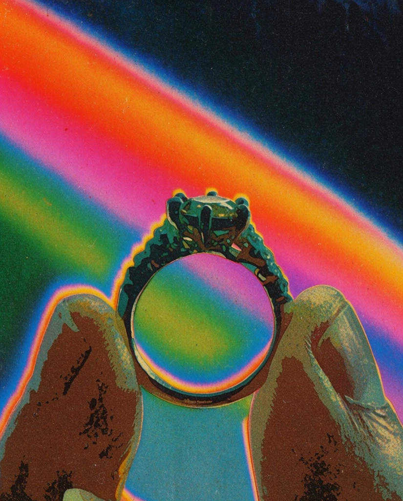 A ring held between two fingers, rendered in a vintage 1970s surrealist analog collage aesthetic. The fingers and the ring feature heavy posterization, stark high-contrast shadows, and gritty earthy brown and deep teal tones outlined by glowing, solarized edges. A massive, brilliant neon rainbow gradient beam—transitioning intensely from hot magenta and fiery orange to vivid green and electric blue—slashes diagonally across the deep, inky black background, dominating the upper portion of the frame and bleeding vivid color into the surrounding space. The entire composition exhibits a heavily degraded lo-fi print quality, saturated with dense film grain, coarse halftone patterns, raw paper textures, and a psychedelic, hallucinatory atmosphere characteristic of retro sci-fi mixed media art.