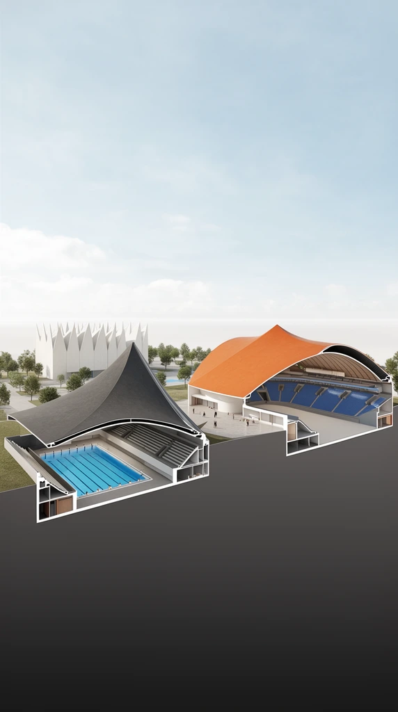 An architectural cross-section perspective rendering of a modernist sports complex. The left cutaway reveals an indoor swimming pool with bright blue water and tiered seating beneath a sweeping, dark grey tent-like roof. To the right, a larger cross-section exposes a vast indoor arena with blue stadium seats beneath a sweeping orange roof. Tiny human figures traverse a paved courtyard connecting the two structures, which rest on a solid dark grey base plane representing sliced earth. A jagged white building with a spiky roofline stands among scattered green trees in the background beneath a pale blue sky with soft clouds. The high-angle 3D visualization utilizes clean geometric lines, soft realistic textures, and bright even daylight to emphasize the dramatic architectural curves and exposed internal spatial volumes.