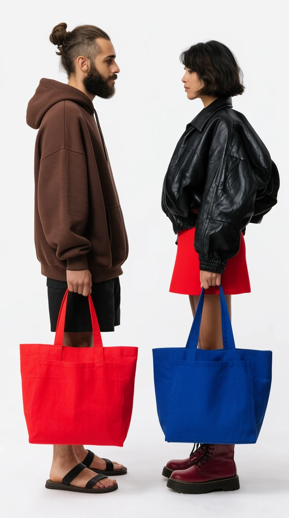 A full-length fashion portrait of two individuals standing in profile against a stark white studio backdrop. A bearded man with a top knot, oversized brown hoodie, shorts, and sandals holds a red tote bag. He faces a woman wearing a voluminous black leather jacket, red dress, maroon combat boots, and carrying a blue tote bag.