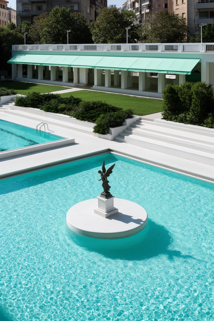 A sprawling outdoor swimming pool complex bathed in bright sunlight with rippling turquoise water. Inside the foreground pool, a circular white fountain island holds a square pedestal topped by a bronze winged statue, casting a sharp shadow across the vibrant water. Pristine white concrete decks and tiered bleacher-style seating border the pools alongside lush green shrubbery. Behind the terraces, a manicured lawn leads to a long white pavilion featuring a striking mint-green awning supported by colonnades. Urban apartment buildings and mature trees frame the background. Captured from a high-angle perspective, the architectural photography emphasizes clean geometric lines, high-contrast daylight, and a refreshing palette of aquamarine, crisp white, and mint.