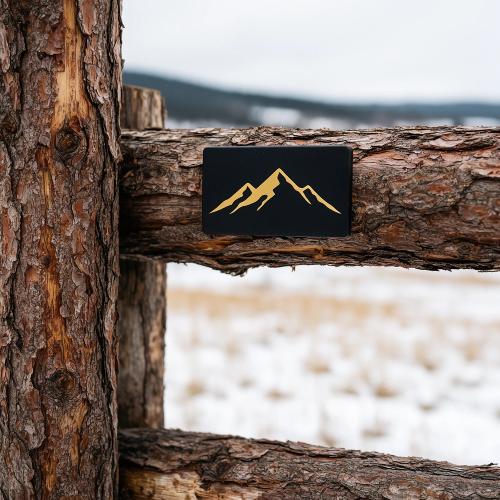 A close-up captures a rustic fence of rough-hewn logs against a blurred snowy landscape. A thick vertical post meets a horizontal rail, both displaying deeply textured, peeling brown bark. Fastened to the upper log is a black rectangular plaque featuring a golden mountain silhouette. A second horizontal log sits below in soft focus. The background dissolves into a wintry bokeh, revealing a snow-dusted field with dormant yellow grass and a dark ridgeline beneath an overcast sky. The shallow depth of field highlights the rugged wood grain contrasting with the smooth plaque in natural lighting.