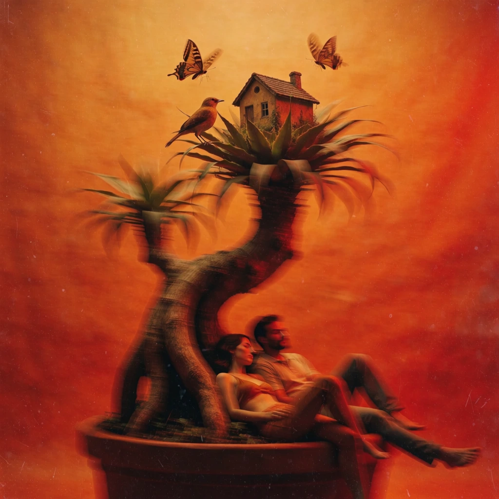 a surreal oversized potted plant cradling a miniature house, a single bird, and two butterflies, a man and woman reclining at the heavy base, rendered in a deep monochromatic amber and blood-orange gradient, intense long-exposure motion blur, intentional camera movement, thick 35mm film grain, analog texture with dust and light scratches, ethereal golden glow at the top frame, high-contrast silhouettes dissolving into a murky dark-red abyss, soft-focus dreamlike lo-fi aesthetic.