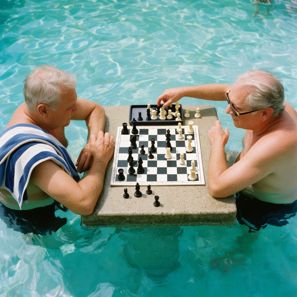 two older bare-chested men playing chess waist-deep in a turquoise swimming pool, arms resting on a submerged concrete table, man on left with a striped towel over his shoulder, man on right with sunglasses reaching for a tray of captured pieces, chessboard with scattered black and white pieces, bright midday sunlight, shimmering water ripples, high-angle candid summer photography, 35mm film aesthetic