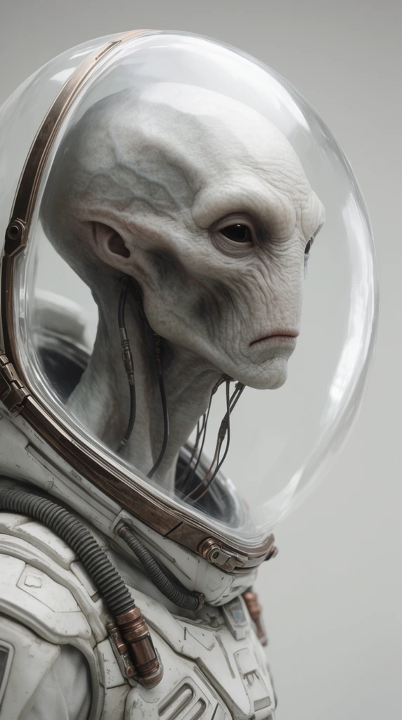 A hyper-realistic profile portrait of a pale humanoid alien enclosed in a clear, domed space helmet. The extraterrestrial features an elongated skull, recessed dark eyes, and deeply wrinkled, grayish-white skin with pronounced veins. A transparent spherical visor surrounds the head, framed by a thin bronze-toned metallic rim with mechanical clasps. Slender black wires and metallic cables snake down the creature's elongated neck from beneath its chin. The alien wears a weathered white spacesuit constructed of intricately paneled armor, accented with dark grey corrugated hoses and copper fittings. Set against a stark, light grey studio background, the close-up composition uses soft, diffuse lighting to highlight the subsurface scattering of the skin and the sharp specular reflections on the glass dome, utilizing a muted color palette enlivened by subtle metallic tones.