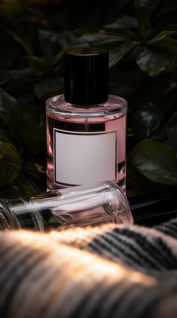 A cylindrical glass perfume bottle filled with pale pink liquid stands upright surrounded by dark green waxy leaves. The vessel features a solid black cap and a blank white rectangular label with a thin dark border. A second glass bottle rests horizontally just in front of it. The immediate foreground is dominated by heavily blurred textured fabric with light and dark stripes catching warm golden sunlight. Deep shadows, crisp glass reflections, and a shallow depth of field define the moody, atmospheric product photography composition.