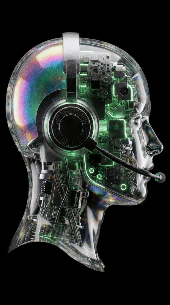 A transparent humanoid head in profile exposes internal electronics illuminated by neon green light against a pitch-black background. The glass-like facial shell encloses dense circuit boards, gears, and metallic wiring. A curved rear skullplate displays a sparkling iridescent cosmic texture of pink, purple, and blue hues. An integrated mechanical headset features a circular ridged earpiece and a ribbed black boom microphone extending to the mouth. Glossy reflections highlight the smooth outer contours of the clear neck and face. Hyper-realistic studio lighting emphasizes the detailed cybernetic interior.