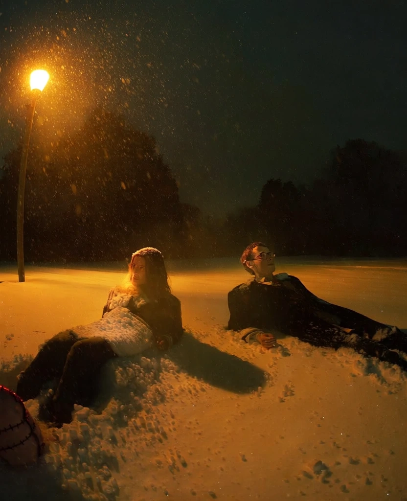 cinematic wide shot, heavy snowfall illuminated by an amber streetlamp on the left, high-contrast grainy texture, a woman on the left and a man with glasses on the right lying side-by-side in deep snow, a close-up stitched hand in foreground left, long shadows stretching across the orange-lit ground, dark silhouettes of trees in the background, ethereal melancholic mood, filmic quality, low light aesthetic, moody atmospheric perspective.