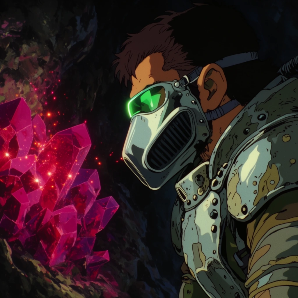rugged male scavenger in profile wearing a heavily armored metallic hazard suit and sleek silver rebreather mask, glowing green visor, gazing at a cluster of angular pulsing magenta crystal formations emitting bright sparks, dark subterranean cave environment, classic 1980s cel-shaded 2D anime style, moody cinematic lighting, detailed hand-drawn aesthetic, high contrast shadows
