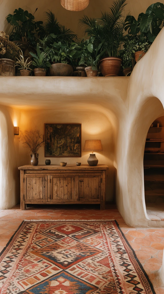 warm adobe interior, smooth curved cream walls, rustic wooden credenza, arched doorway, geometric patterned rug, terracotta floor, upper loft overflowing with lush green plants, cozy earthy lighting