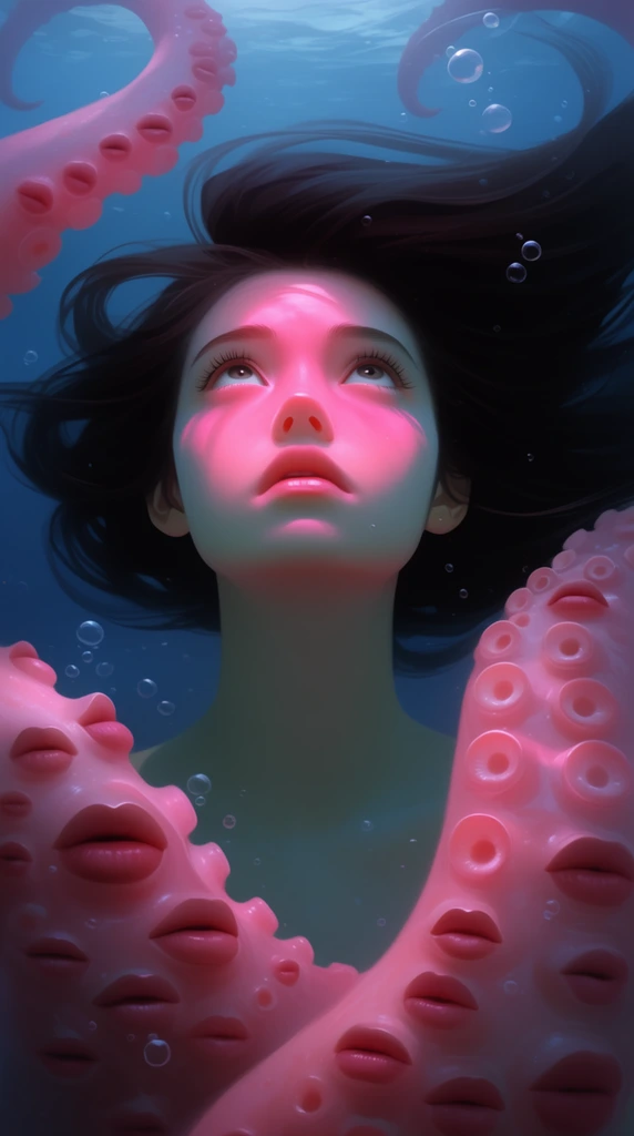 A surreal underwater portrait of a young woman with dark floating hair gazing upward. Thick pink tentacles surround her, featuring human lips instead of suction cups. Vibrant pink light illuminates her face and the surreal limbs against deep blue water. Floating bubbles complete the smooth digital painting.