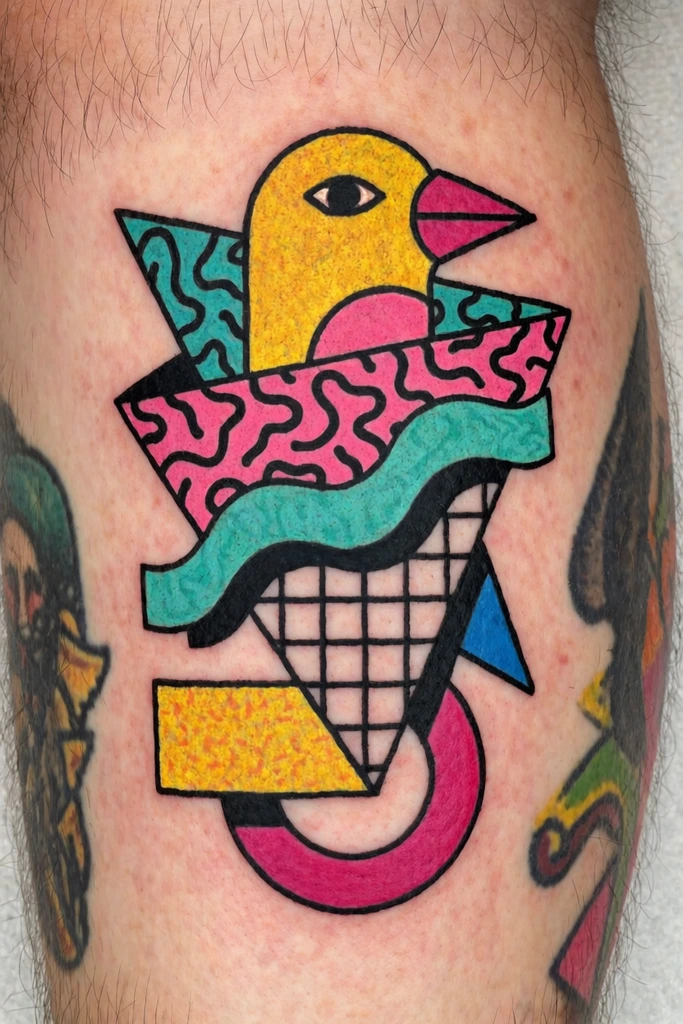 A vibrant 1980s Memphis-style geometric tattoo on fair skin features a stylized yellow and pink bird head emerging from stacked retro shapes. Bold black outlines contain dense, flat CMYK colors across squiggly-patterned triangles, a teal wavy ribbon, a distinct black-and-white grid, a yellow textured rectangle, and a magenta ring. The central design sits on a hairy limb flanked by partially visible neighboring tattoos.