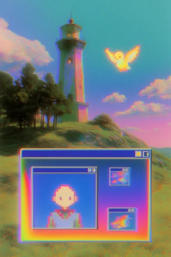 Nostalgic Glitch Dreamscape style reference image — lo-fi digital surrealism