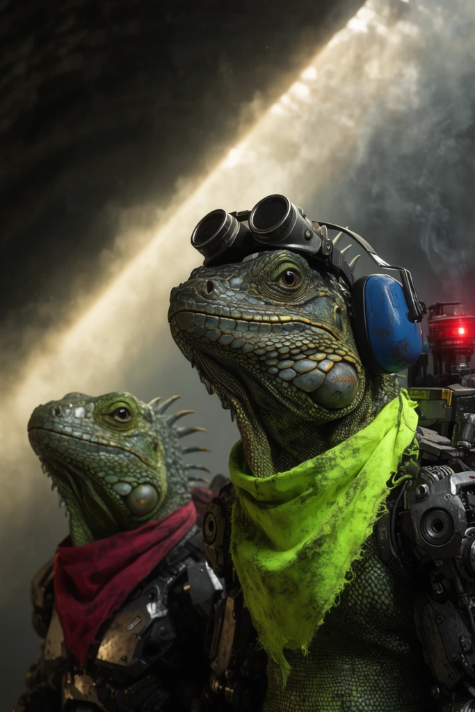 two anthropomorphic cybernetic iguanas in a dark hazy tunnel, right figure with textured scaly skin, frayed neon green bandana, welding goggles on forehead, blue ear defenders, mechanical backpack with glowing red light, left figure looking up wearing a crimson bandana and metal armor, intense diagonal beam of light piercing thick smoke, photorealistic, gritty cyberpunk aesthetic, cinematic lighting, macro photography, shallow depth of field