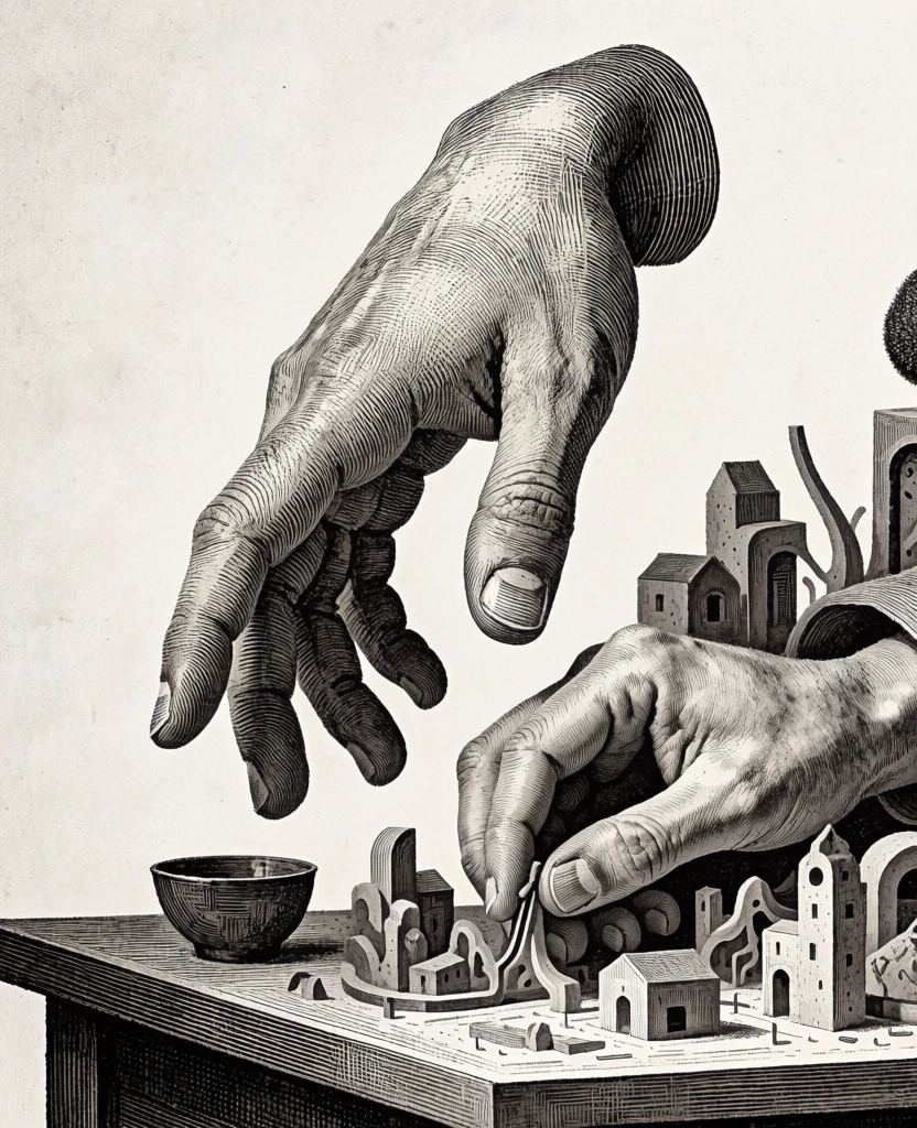 intricate etching style illustration in deep indigo ink on off-white textured paper, human hands hovering over a desk composed of miniature cityscapes, meticulous fine-line cross-hatching and rhythmic parallel lines defining volume and architectural detail, vintage scientific engraving aesthetic, variable line weights, delicate stippling for shadows, high-contrast woodcut influence, sharp silhouettes against neutral negative space.
