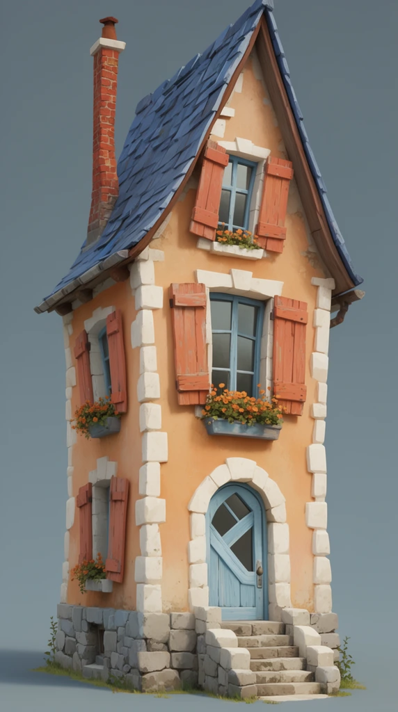 A tall, whimsical three-story house stands isolated against a solid grey-blue sky. The steeply pitched roof features slate-blue shingles and a slender red brick chimney. Warm apricot stucco walls are accented by white stone quoins and a rugged grey stone foundation. A light blue arched front door with a slanted window sits atop a short stone staircase. Faded terracotta wooden shutters frame the upper windows, adorned with flower boxes filled with small orange blooms. Rendered in a stylized 3D illustrative technique with soft diffuse lighting, the architecture showcases exaggerated, charming proportions.