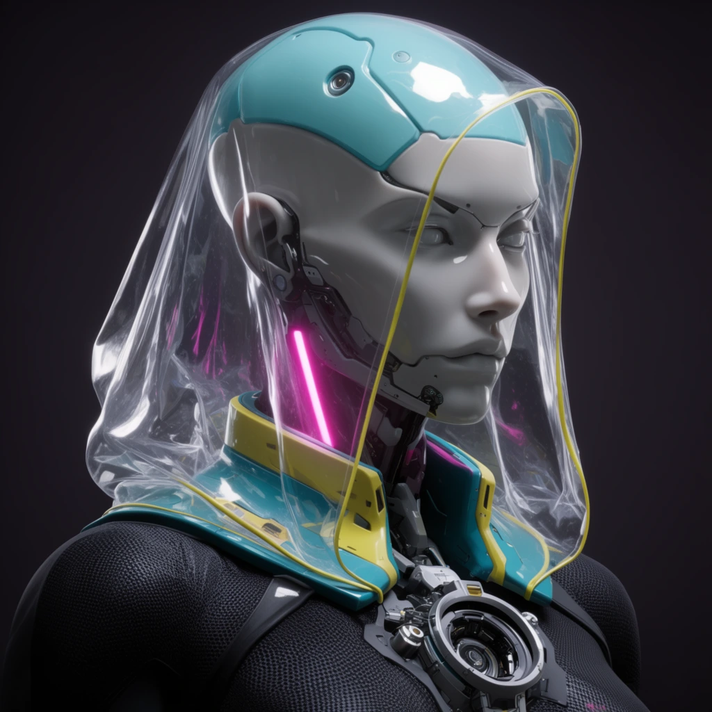 futuristic cyborg bust in three-quarter profile, smooth pale grey synthetic skin, glossy cyan skullcap, transparent plastic hood draped over the head with thin yellow piping, teal and yellow sci-fi collar, black textured mesh suit, mechanical port on the chest, vibrant pink neon light glowing from the neck, dramatic dark background, cinematic studio lighting, hyper-realistic 3D render, high gloss reflections on clear vinyl, shallow depth of field, cyberpunk aesthetic