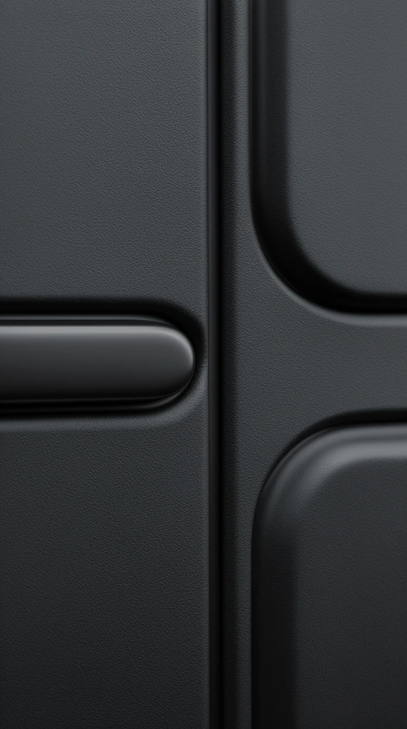 extreme close-up of a matte black molded surface, fine pebbled micro-texture, deep intersecting vertical and horizontal channels, curved geometric panel edges, raised horizontal pill-shaped detail with a subtle sheen entering a vertical groove on the left, monochromatic dark grey palette, soft diffused lighting revealing the granular surface, smooth shadow gradients across rounded corners, abstract industrial design, minimalist asymmetrical composition, sharp macro photography