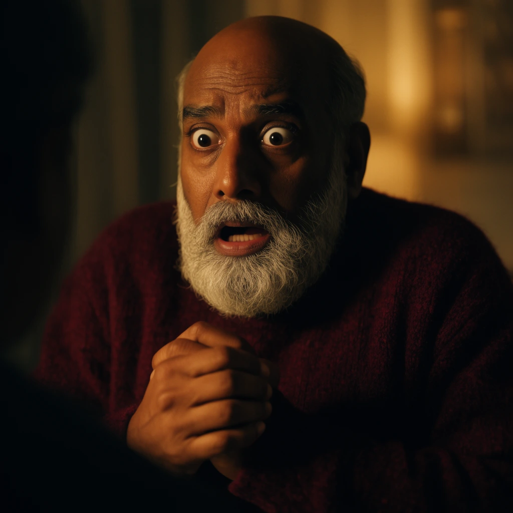 An older South Asian man with a bald head and thick silver beard stares in terror with wide eyes and parted lips, his hands anxiously clasped near a heavy burgundy wool sweater. Framed in a tight cinematic over-the-shoulder shot past a dark silhouette, dramatic low-key lighting casts deep shadows and a warm golden glow across his intense features against a soft, dimly lit background.