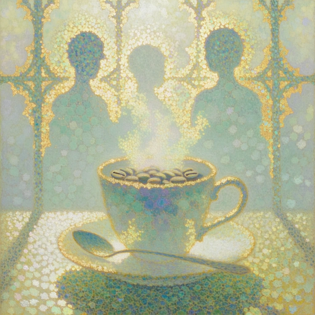 ethereal pointillist mosaic painting, a steaming cup overflowing with coffee beans and a spoon on a saucer in front of an intricate lattice structure, rendered in a soft-focus luminous style using dabs of pale mint, frosted teal, and radiant golden yellow, subject silhouettes defined by shimmering gold leaf outlines and iridescent light halos, a hazy dreamlike atmosphere composed of stippled textural flecks, backlit radiance, delicate impressionistic brushwork