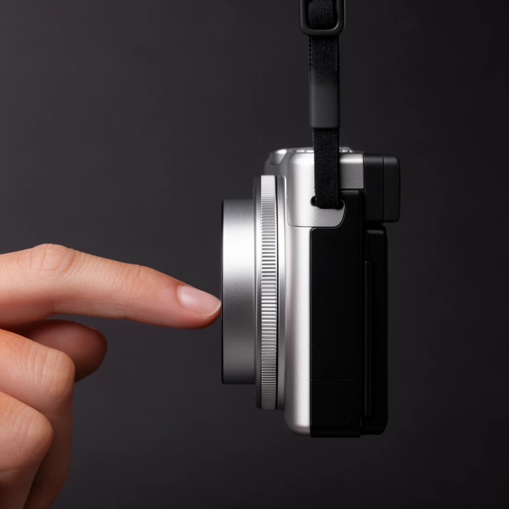 close-up product shot, extended index finger gently touching the extended cylindrical lens of a compact digital camera, camera suspended vertically by a black strap, silver front and black rear casing, side profile view, dark charcoal studio background, soft directional lighting, sharp focus, minimalist composition