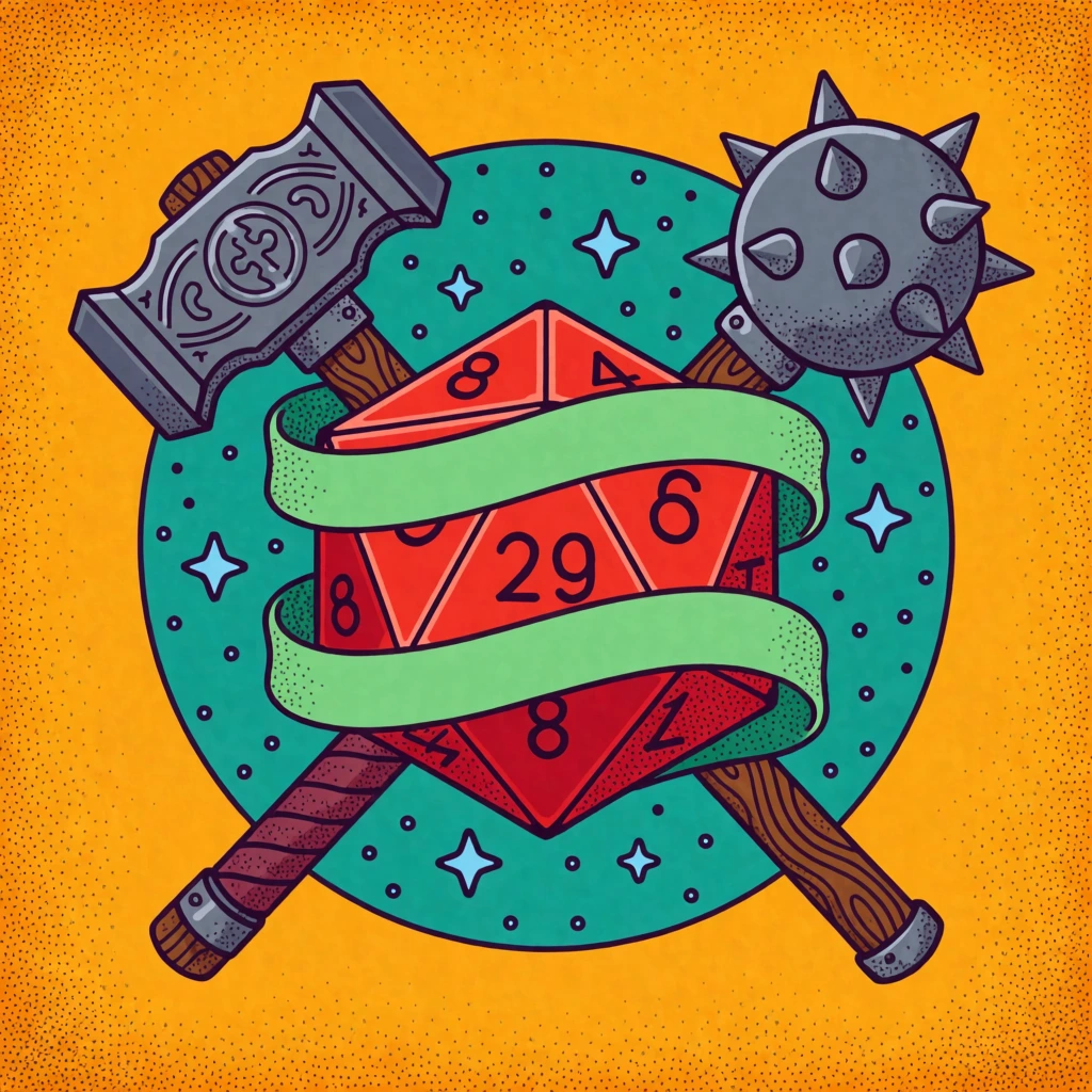 A graphic illustration of a large red twenty-sided die wrapped in a winding light green banner. Crossed behind the die are an engraved grey warhammer and a spiked mace with brown wooden handles. The arrangement sits within a teal circle speckled with small purple dots and light blue stars. The outer background is a vibrant yellow-orange textured with fine black stippling. The artwork features thick black outlines, flat vibrant colors, and subtle dot shading.